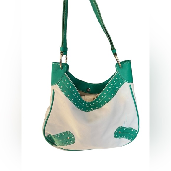 Burberry Green & White Leather Top Handle Shoulder Bag Tassel - Picture 3 of 6